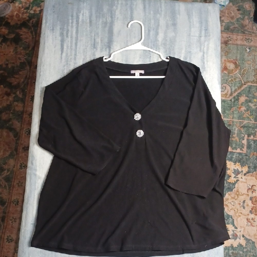 89th & Madison Black V-Neck Blouse with Decorative Buttons